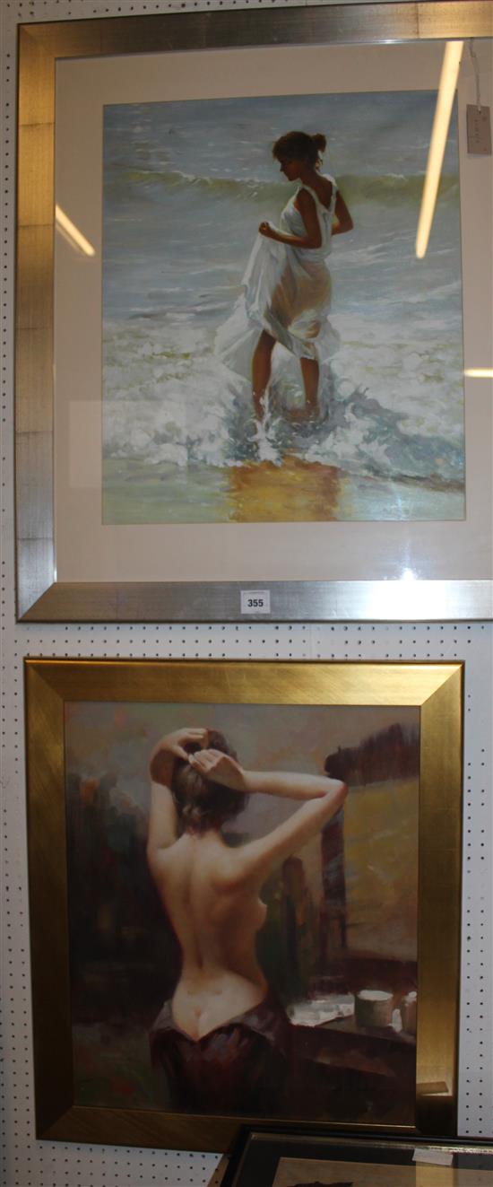 N Luke, oil on canvas, semi-nude study, woman pinning her hair & another modern oil of a woman paddling in the sea